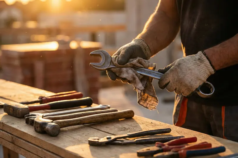 道具を丁寧に手入れする様子