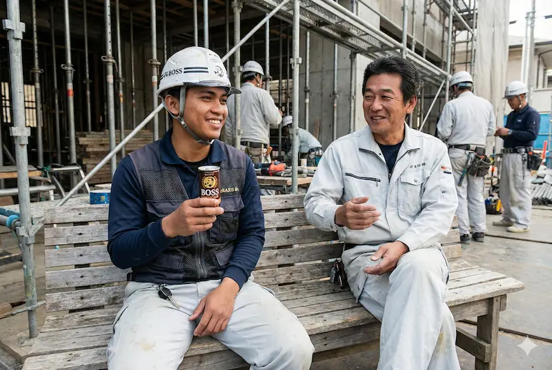 休憩時間に缶コーヒーを飲む様子