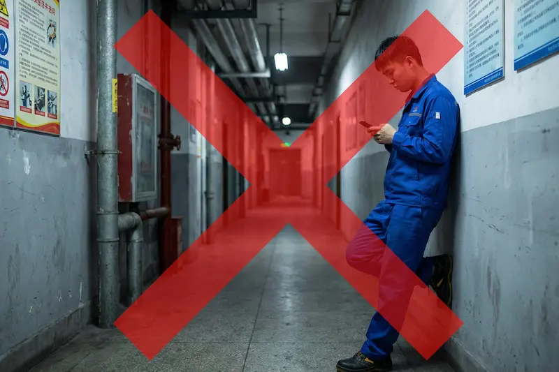 壁にもたれてスマホを見るNGな態度