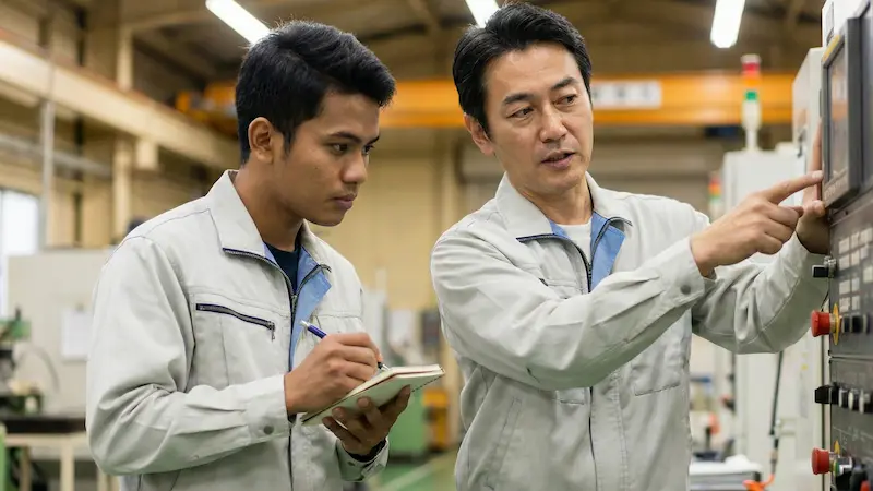 先輩の話をメモを取って聞く実習生