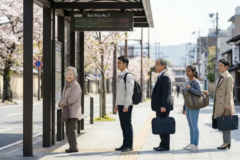 People queuing politely in Japan