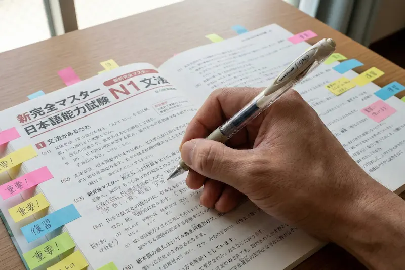 Studying hard with workbook